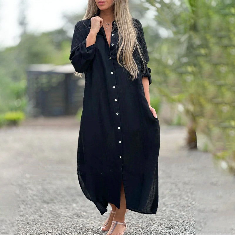 Alaina - Plátěné Saty Na Volný Cas s Knoflíky Vpředu