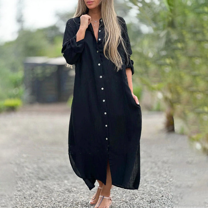 Alaina - Plátěné Saty Na Volný Cas s Knoflíky Vpředu